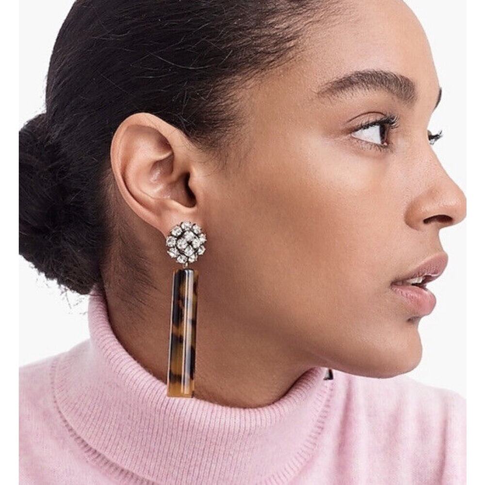 Tortoise Color Acetate Cylinder Earring, Crystal‎ Round Modern Clip On Jewelry